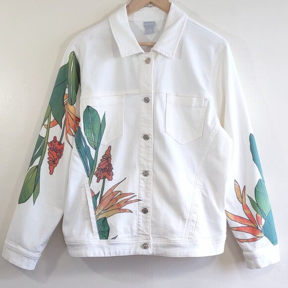 Chico's Tropical Embellished White Denim Jacket Floral Artsy 16/18 Chico 3 - Picture 5 of 12